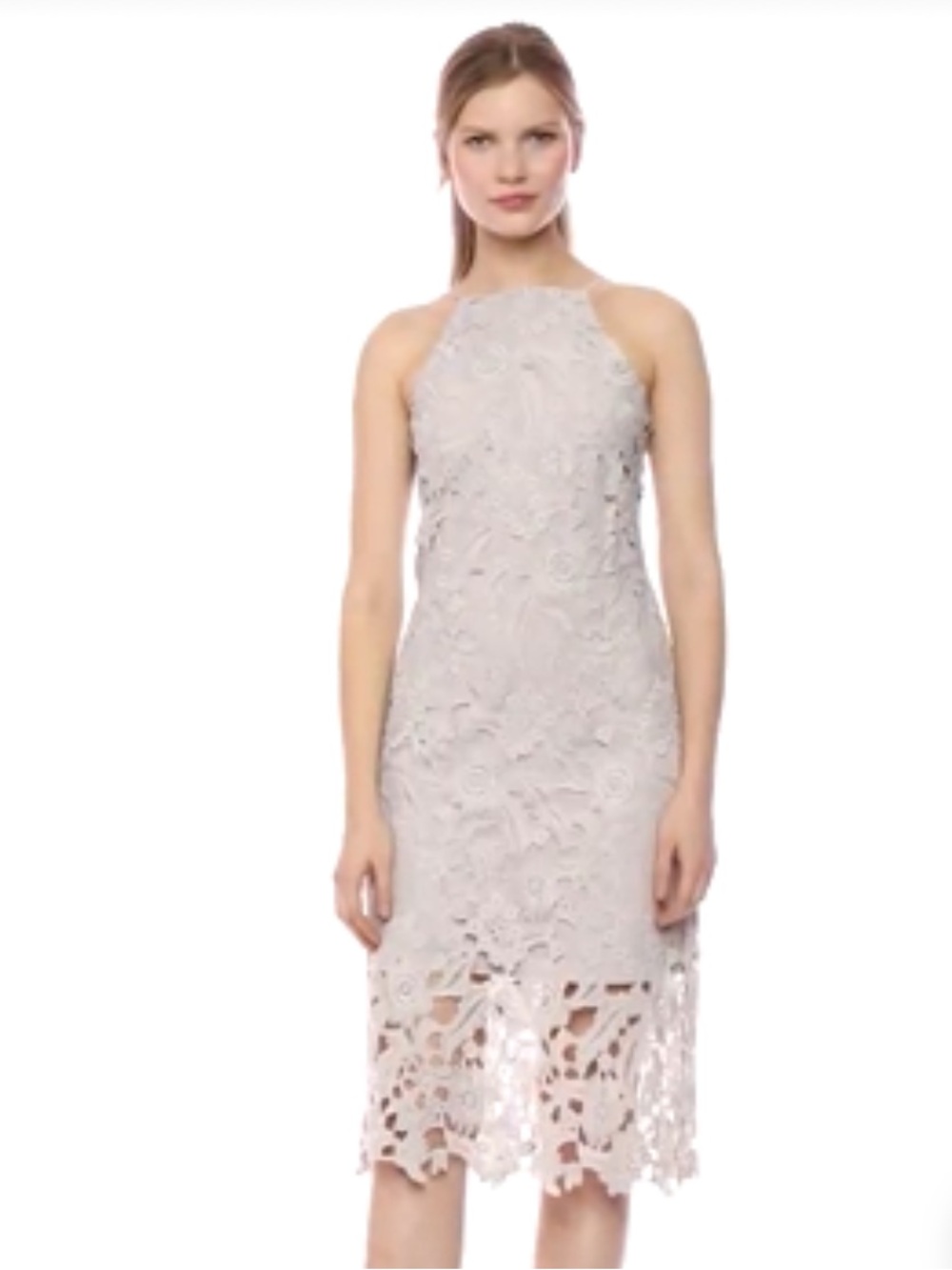 Sam Edelman Blush Halter Lace Midi Dress Sheer Skirt Lined Size 12 Gray Taupe